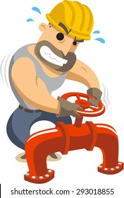 Construction Worker Opening Pipe Valve, vector illustration cartoon. 