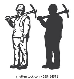 CONSTRUCTION WORKER OUTLINE AND SILHOUETTE illustration vector