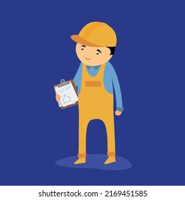 Construction worker in overalls and cap with clipboard