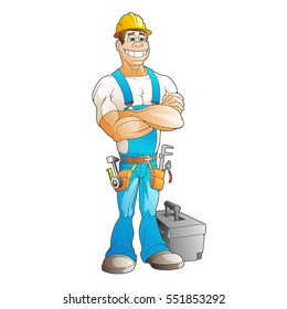 Construction worker in overalls and a tool box. Employee. Vector illustration.