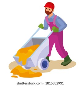construction worker overturns a cart filled with sand, cartoon illustration, isolated object on a white background, vector illustration, eps