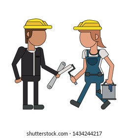Construction worker with paint bucket and rolling pin and architect with plans vector illustration graphic design