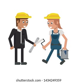 Construction worker with paint bucket and rolling pin and architect with plans vector illustration graphic design