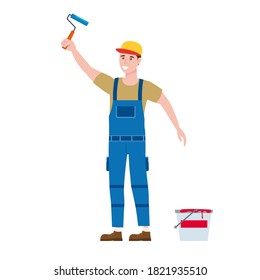 Construction worker painter with brush and paint bucket in workwear. Craftsman character vector isolated