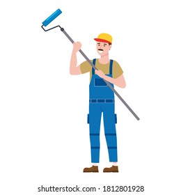 Construction worker painter with rollerbrush in workwear. Craftsman character vector isolated