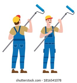 Construction worker painter with rollerbrush in workwear. Back and front view craftsman character vector isolated