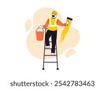 construction worker painting a wall by climbing a ladder