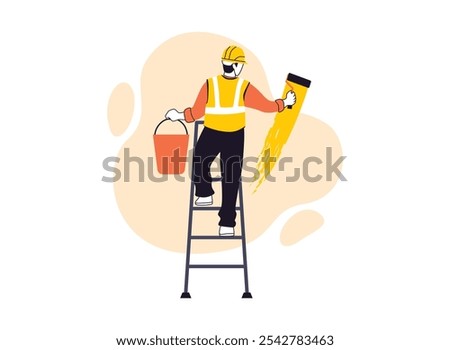 construction worker painting a wall by climbing a ladder