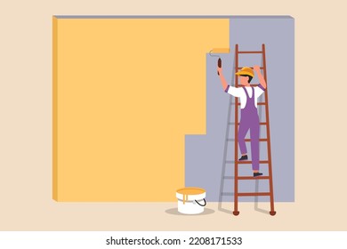 Construction worker painting the wall of the house with paint roller and wooden vintage ladder. Construction and building concept. Flat vector illustrations isolated. 