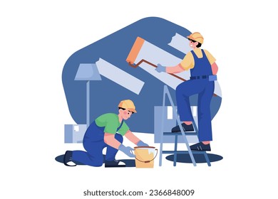 Construction worker painting wall Illustration concept on white background