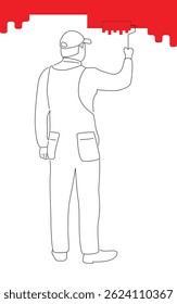 Construction Worker Painting the Wall Line Art. Industrial profession people and activities, interior design vector art