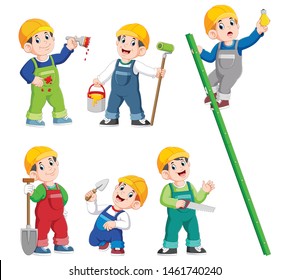 Construction Worker People cartoon character Posing and doing work