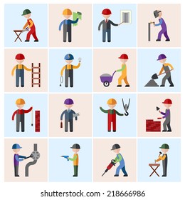 Construction worker people silhouettes icons flat set isolated vector illustration