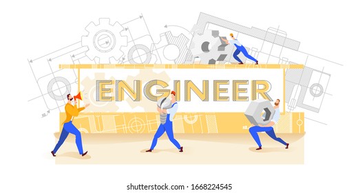 Construction Worker People teamwork ,Building industry concept.Workers carry construction details. Abstract background with various drawings and diagrams. Screw, nut and gear.Vector illustration