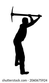 Construction worker with pickax  vector silhouette illustration. Man working in garden with gad. Gardener digging earth. Farmer with mattock. Digger worker mining ground with tool. Manual industry.