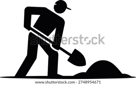 Construction worker pictogram vector illustration shows a figure wearing a cap diligently shoveling earth or dirt to represent manual labor and repair work.