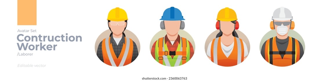 Iconos del avatar de la imagen del trabajador de construcción. Ilustración de hombres y mujeres con ropa de delantal