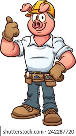 Construction worker pig. Vector clip art illustration with simple gradients. All in a single layer.