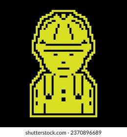 Icono de la silueta de Pixel en casco protector. uniforme protector de ingeniero en producción peligrosa. Día del Trabajo 1 de mayo. Vector negro y amarillo