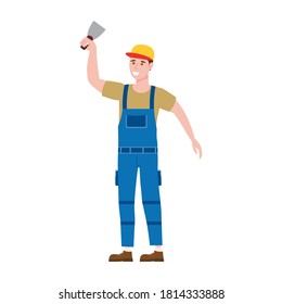 Construction worker with plastering trowel tool in workwear. Craftsman character vector isolated