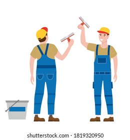 Construction worker with plastering trowel tool in workwear. Back and front view craftsman character vector isolated