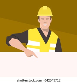 Construction worker pointing on the blank banner. Flat vector illustration.