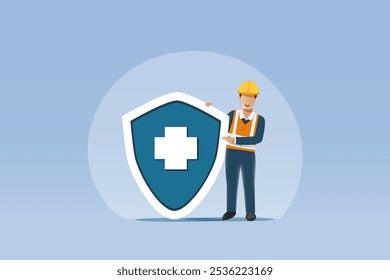 Operário da construção aponta para o símbolo médico no escudo de segurança. Alerta de segurança e sensibilização para evitar acidentes no local de construção. Vetor.