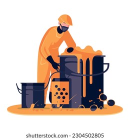 Construction worker pouring liquid into a bucket over white