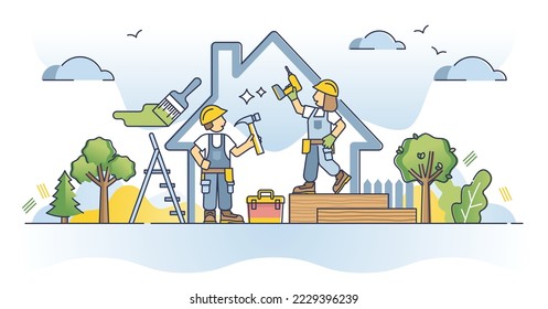 Construction worker and professional builder skills outline concept. Build family home project with carpenter, craftsman, handyman and contractor services vector illustration. Renovation process.