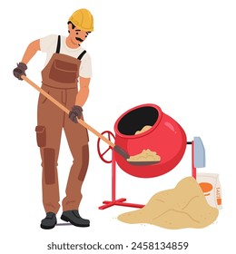 Construction Worker In Protective Gear Operating A Cement Mixer Filled With Concrete Materials. Worker Character Perform Tasks While Following Necessary Safety Measures Cartoon Vector Illustration