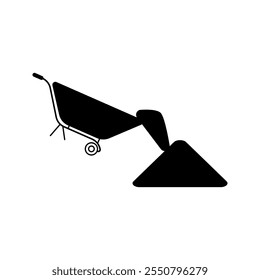 Construction worker pulling a wheelbarrow, craftsman pushing a wheelbarrow, graphic design.