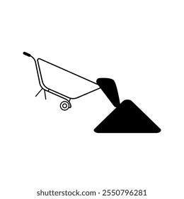 Construction worker pulling a wheelbarrow, craftsman pushing a wheelbarrow, graphic design.