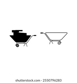 Construction worker pulling a wheelbarrow, craftsman pushing a wheelbarrow, graphic design.