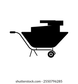 Construction worker pulling a wheelbarrow, craftsman pushing a wheelbarrow, graphic design.