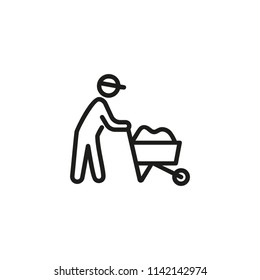 Construction worker pushing cart with cement line icon. Worker, handcart, labor. Engineering concept. Vector illustration can be used for topics like manual work, construction site, building