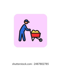 Construction worker pushing cart with cement line icon. Worker, handcart, labor. Engineering concept. Vector illustration can be used for topics like manual work, construction site, building