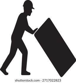 Trabajador de la construcción que empuja el trabajador pesado de la silueta del objeto que mueve al hombre material de construcción en trabajo duro del sombrero en el sitio de construcción que empuja el bloque Grande