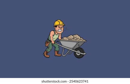 Construction worker pushing a heavy wheelbarrow of rocks.