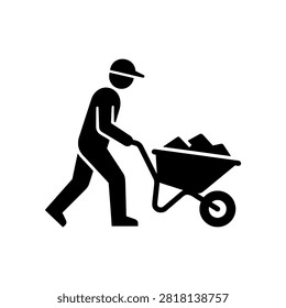 Construction worker pushing loaded wheelbarrow with rubble on construction site, solid black silhouette vector illustration