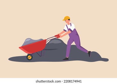 Construction worker pushing sand with sand cart. Construction and building concept. Flat vector illustrations isolated. 