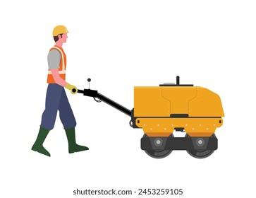 Trabajador de la construcción empujando Pequeña aplanadora. Ilustración plana simple.