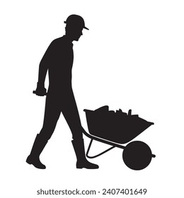 Construction worker pushing wheelbarrow silhouette image, vector illustration isolated, eps