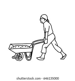 Construction worker pushing a wheelbarrow - vector illustration sketch hand drawn with black lines, isolated on white background