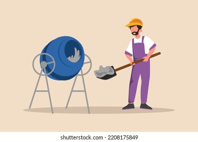 Construction worker put cement into cement mixer machine. Construction and building concept. Flat vector illustrations isolated. 