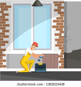 Construction worker puts wooden panels flat character. Male in protective glasses works with drill vector illustration. Wall decoration. Cartoon handyman in yellow uniform. Room repair, renovation