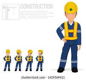 Construction worker in reflective vest are posing akimbo on transparent background.
