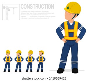 Construction worker in reflective vest are posing akimbo on transparent background.
