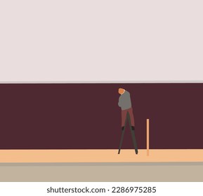 Construction worker remodeling and fixing holes in the concrete wall on ladder with level. Man builder in work clothes. building and construction. professional repairman.