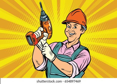 Construction worker with the repair tool drill