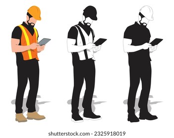  construction worker repairing wearing pants  and using the touch screen vector